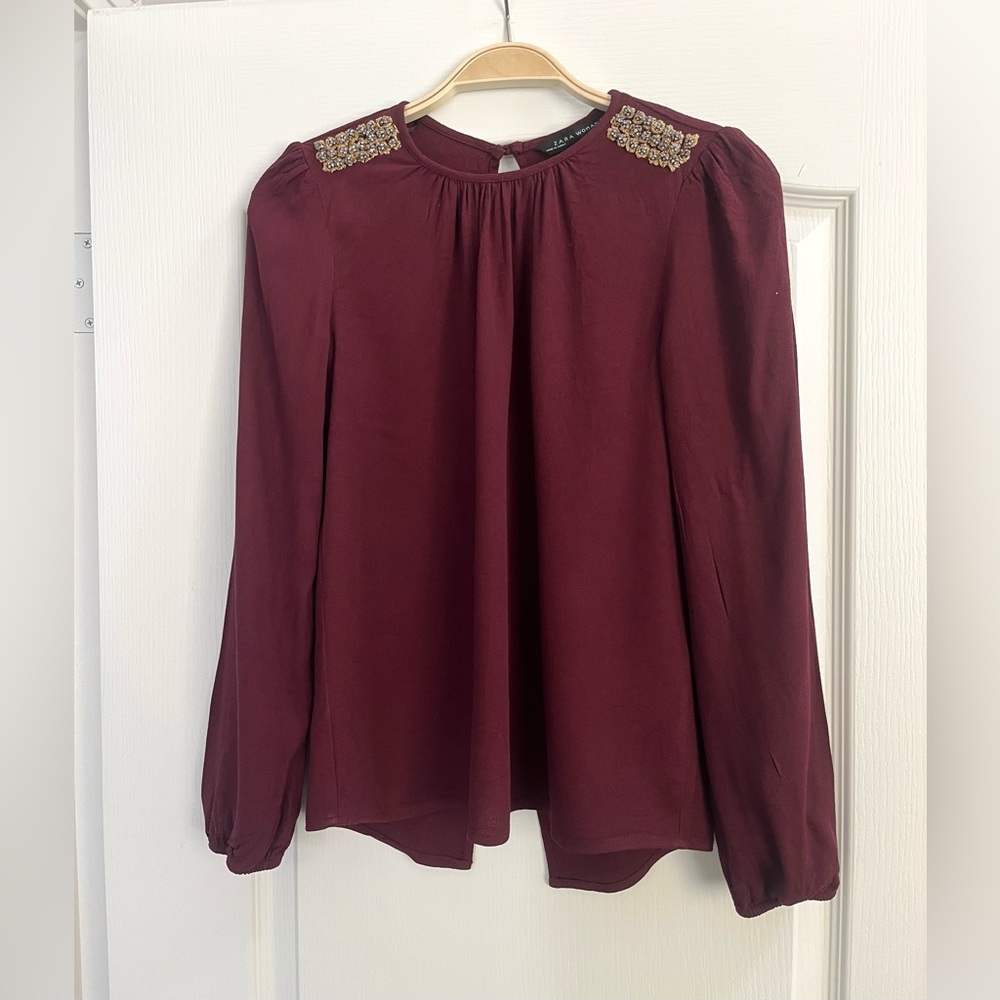 Zara burgundy red crepe long sleeve top with beaded embroidered shoulders XS